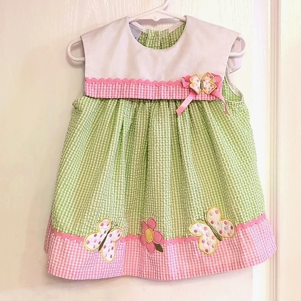 Samara Seersucker Toddler Dress. Flower Butterfly Applique. Size 24 Months